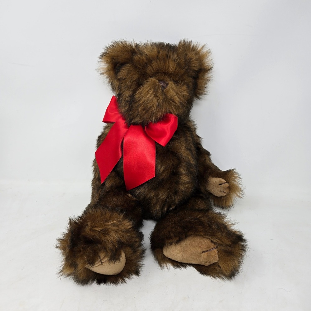 Bearington Collection Brown Shaggy Plush Teddy‎ Bear Red Satin Bow PA10186 CN